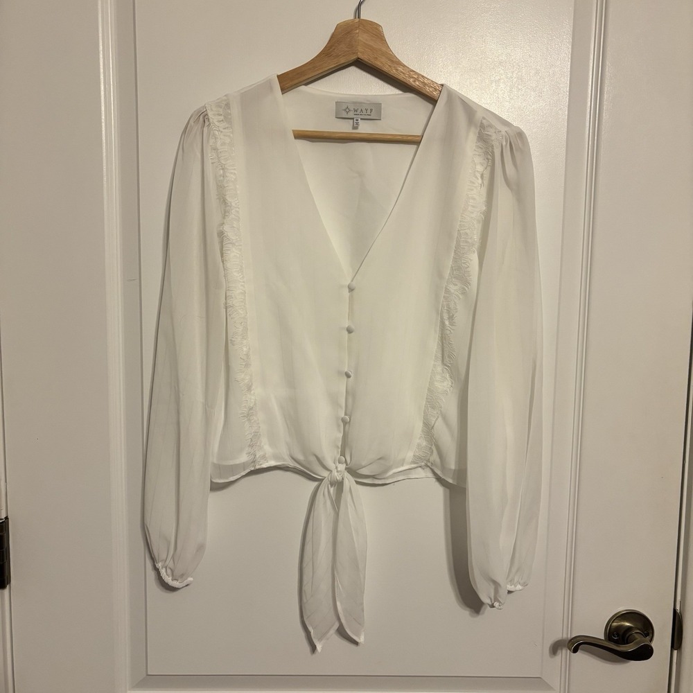 WAYF White Chiffon V-Neck Long Sleeve Button Tie Lace Blouse Size M